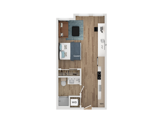 Modern open-concept floor plan featuring a spacious living area with a queen-sized bedroom, cozy seating, stylish kitchen, and convenient amenities like W/D.