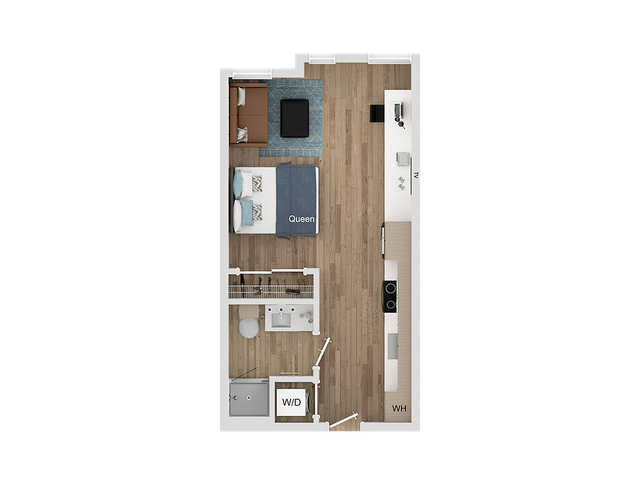 Modern studio floor plan featuring a spacious open living area with a queen bed, cozy sitting nook, and sleek kitchen design.