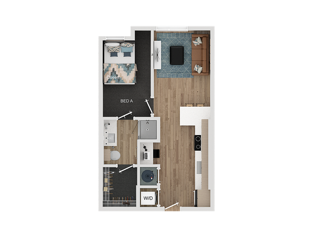 Chic floor plan showcasing a 1-bedroom apartment with spacious living room, modern kitchen, and convenient bathroom layout.