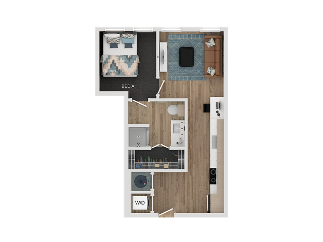 Chic and modern floor plan featuring a cozy bedroom, open living area, full kitchen, and stylish bathroom with a washer/dryer unit.