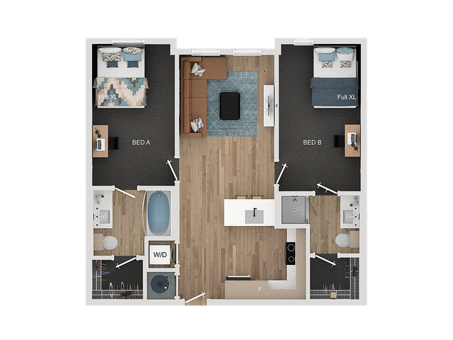 Modern 2-bedroom apartment floor plan featuring an open living area, sleek kitchen, and well-appointed bathrooms.