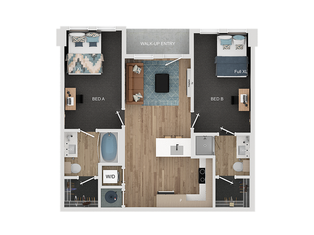 Modern 2D floor plan showcasing 2 spacious bedrooms with full XL beds, an inviting open living area, sleek kitchen, and convenient in-unit washer/dryer.