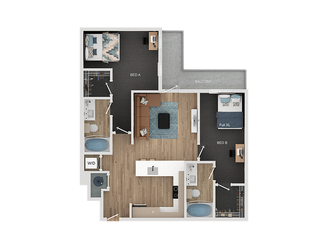 Modern 2D floor plan featuring 2 bedrooms, a spacious living area, sleek kitchen with island, and a charming balcony, perfect for comfortable living.