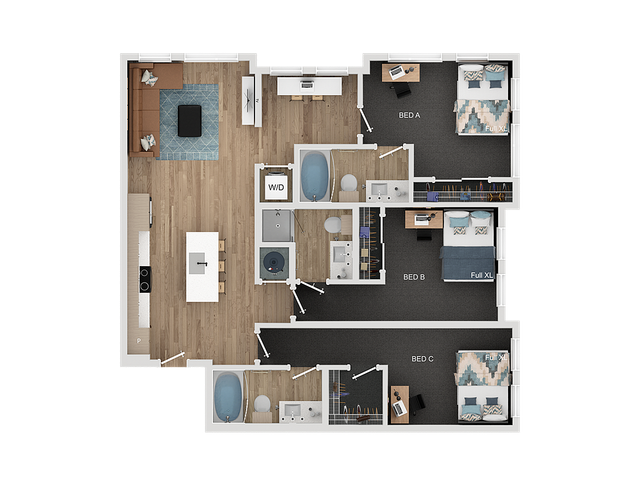 Modern 3-bedroom apartment floor plan with open-concept kitchen and living area, featuring spacious storage, two full-size bathrooms, and stylish furnishings.