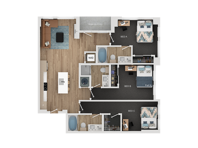 Modern 3-bedroom apartment floor plan featuring open-concept living area, sleek kitchen island, and two stylish bathrooms.