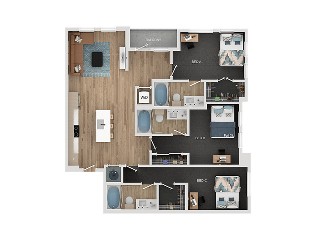 Modern 3-bedroom apartment floor plan featuring an open-concept living area, sleek kitchen with island, two full-sized bathrooms, and a private balcony.