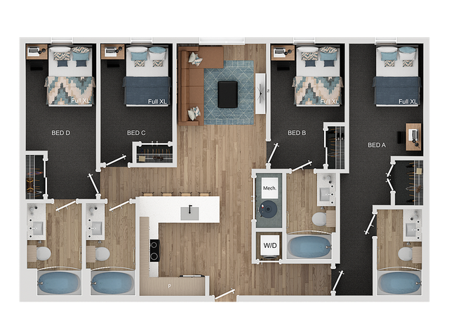 Modern 3D floor plan showcasing four spacious bedrooms, each with full XL beds, an open-concept kitchen with an island, a stylish living room, and two luxurious bathrooms, ideal for comfortable living.