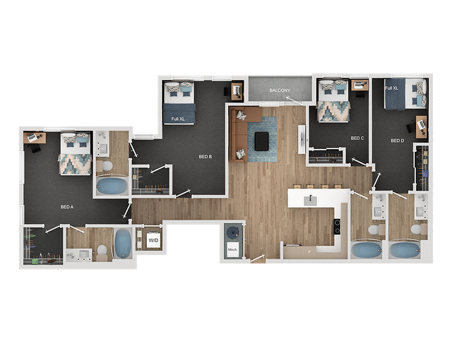 Contemporary 2D floor plan showcasing 4 bedrooms, elegant living space, sleek kitchen with island, and a cozy balcony.