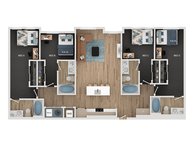 Elegant 2D floor plan showcasing 4 bedrooms, an inviting open-concept living area, and a modern kitchen with island, complemented by luxurious bathrooms.
