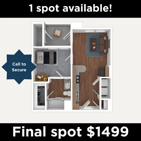 Modern 3D floor plan showcasing a cozy 1-bedroom apartment with an inviting living area, stylish kitchen, and contemporary bathroom, available for $1499.