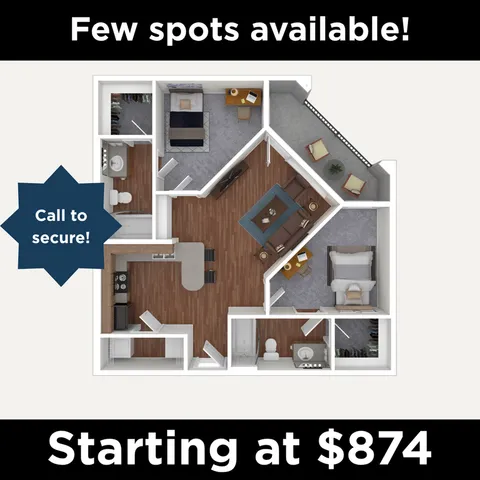 Charming 3D floor plan displaying a modern apartment with two bedrooms, stylish living area, and open kitchen, perfect for comfortable living. Starting at $874.
