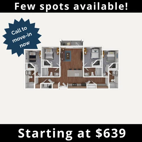 Modern 3D floor plan showcasing 3 bedrooms, a welcoming living area, and stylish kitchen, starting at $639.