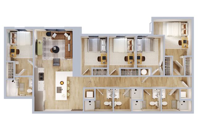 Modern 3D floor plan showcasing 4 bedrooms, a sleek open kitchen with island seating, and a cozy living area.