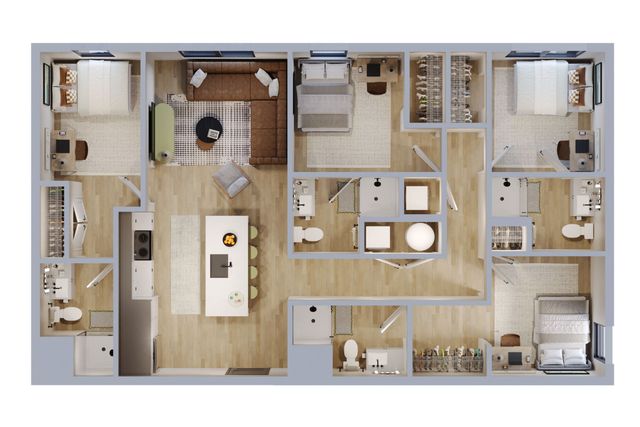 Modern 3-bedroom apartment floor plan with open-concept living area, sleek kitchen island, cozy living room, and multiple bathrooms.