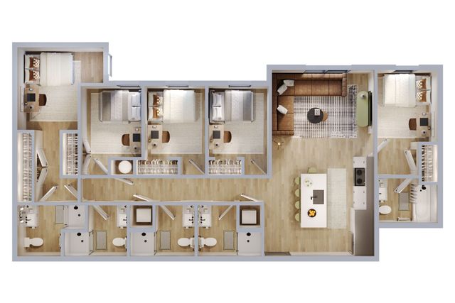 Modern 3-bedroom apartment floor plan with open-concept living room, stylish kitchen, and multiple bathrooms.