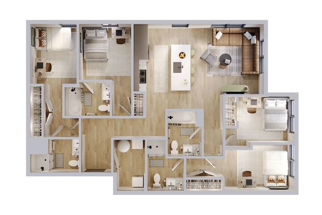 Modern floor plan showcasing three bedrooms, two bathrooms, an open-concept kitchen, and a cozy living area with chic furnishings.