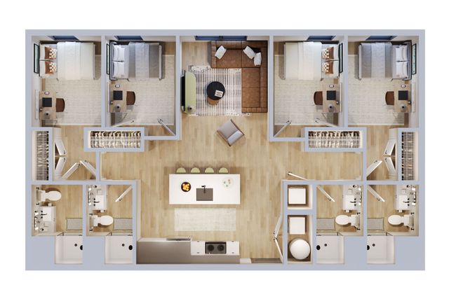Contemporary floor plan showcasing 3 spacious bedrooms, a cozy central living room, modern kitchen island, and 2 elegant bathrooms.
