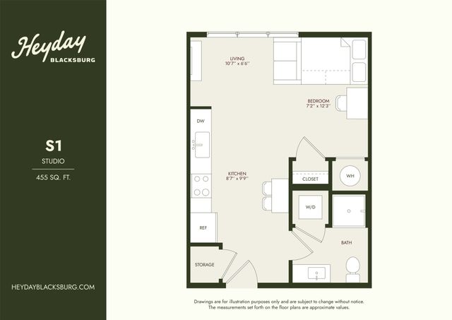 Modern studio floor plan featuring cozy living and sleeping areas, compact kitchen, and efficient bathroom layout in 455 sq. ft.