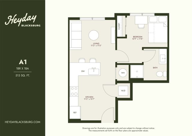 Heyday Blacksburg A1 floor plan showcasing 1 bedroom, modern open-concept living and kitchen area, and a sleek bathroom layout in 513 sq ft.