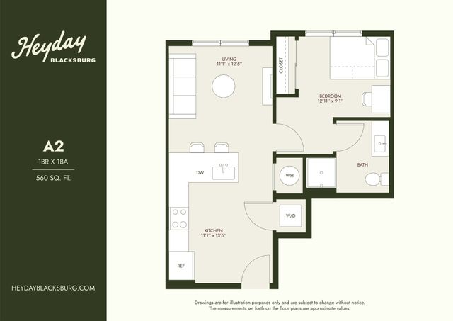Charming floor plan for a 1-bedroom, 1-bath apartment in Heyday Blacksburg, featuring an open living space, modern kitchen, and convenient washer/dryer area in a cozy 560 sq. ft. layout.