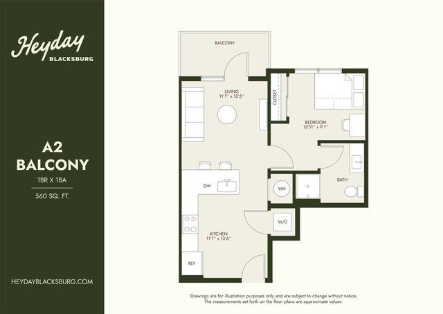 Modern A2 balcony floor plan in Heyday Blacksburg, featuring 1 bedroom, 1 bathroom, an open kitchen, and a spacious living area. Total area of 560 sq. ft.