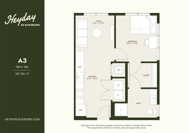 Sleek floor plan for Heyday Blacksburg showing 1 bedroom, spacious living area, and modern kitchen layout. Compact 537 sq. ft. space with optimized design.
