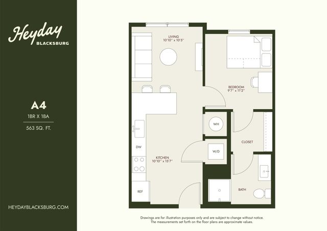 Heyday Blacksburg A4 floor plan featuring 1 bedroom, 1 bathroom, open-concept living and kitchen area, total 563 sq ft.