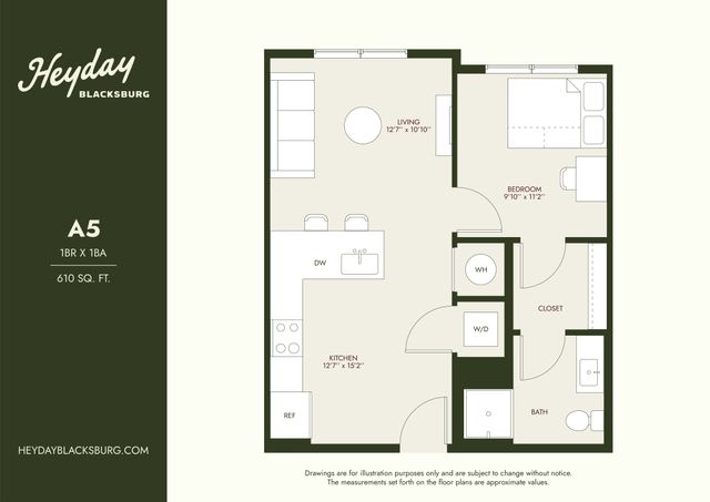 Modern A5 floor plan showcasing 1 bedroom, 1 bathroom, and an open living area with a well-equipped kitchen in 610 sq. ft. Heyday Blacksburg offers stylish and efficient living.