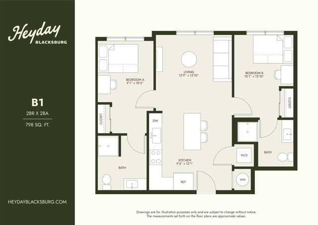 Chic B1 floor plan showcasing 2 bedrooms, 2 bathrooms, and an inviting living space in a 798 sq. ft. layout at Heyday Blacksburg.