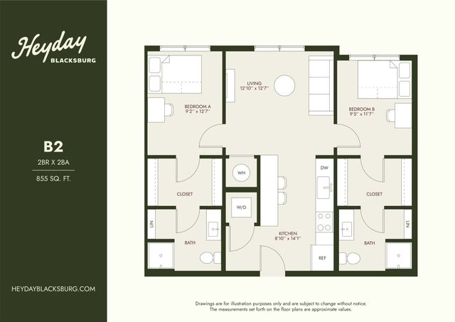 Modern apartment floor plan B2 with 2 bedrooms and 2 bathrooms, showcasing an open living area and a spacious kitchen. Total size of 855 sq ft.