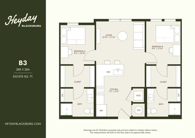 Heyday Blacksburg B3 floor plan showcasing a modern 2-bedroom, 2-bath layout with a spacious living area, kitchen, and convenient storage. Ideal for comfortable living within 832-878 sq. ft.