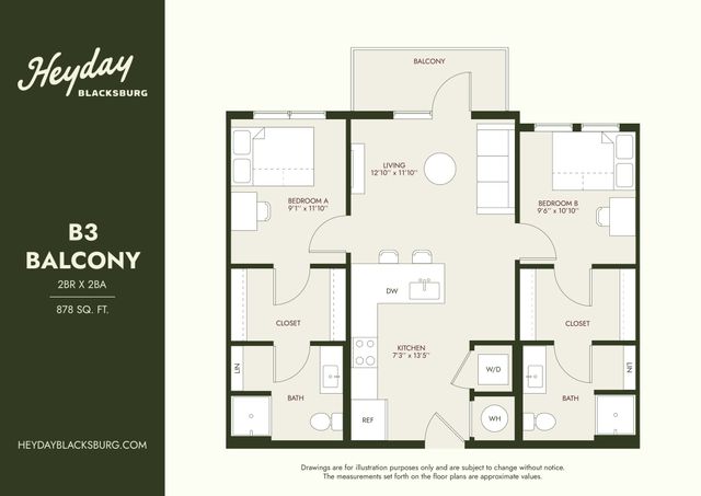 B3 Balcony floor plan showcasing modern 2-bedroom, 2-bathroom layout with spacious living area and kitchen, extending to a beautiful balcony, 878 sq. ft.