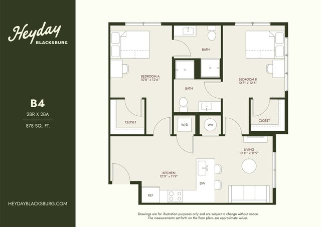 Heyday Blacksburg floor plan B4 offering 2 bedrooms and 2 bathrooms with an open kitchen and cozy living area, spanning 878 sq. ft.