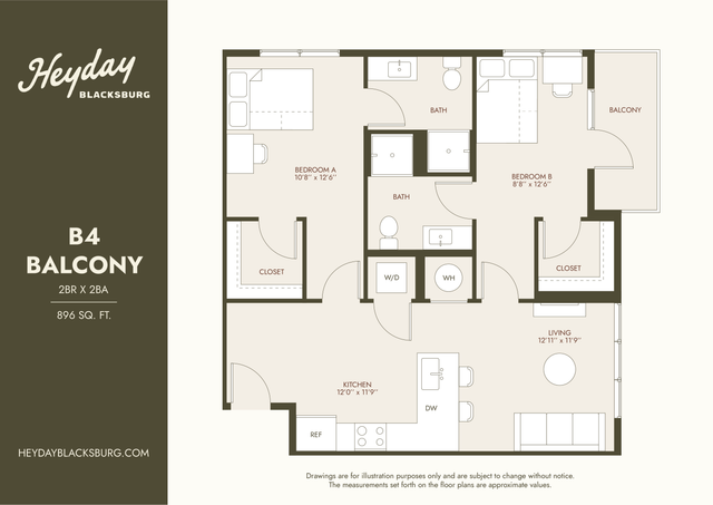 Elegant B4 Balcony floor plan with 2 bedrooms and 2 bathrooms, featuring a spacious kitchen and open living area, spanning 896 sq. ft.
