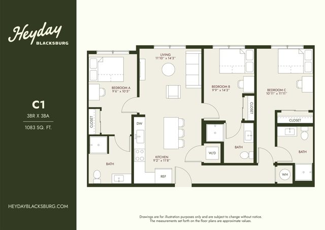 Heyday Blacksburg C1 floor plan showcasing 3 bedrooms, 3 bathrooms, an open living and dining area, and a modern kitchen in 1083 sq. ft.