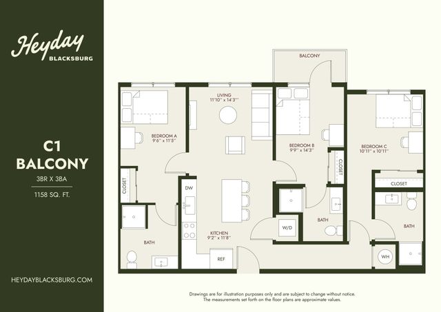 Heyday Blacksburg C1 Balcony floor plan showcasing a 3-bedroom, 3-bathroom spacious layout featuring an open living area, modern kitchen, and serene balcony, totaling 1158 sq. ft.