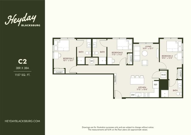 Contemporary 3-bedroom, 3-bathroom C2 floor plan at Heyday Blacksburg with an open living area, modern kitchen, and spacious layout, covering 1157 sq. ft.