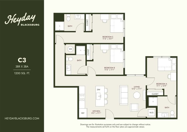 Spacious C3 floor plan featuring 3 bedrooms, 3 bathrooms, and a modern open-concept kitchen and living area, perfect for comfortable living in 1200 sq. ft. at Heyday Blacksburg.