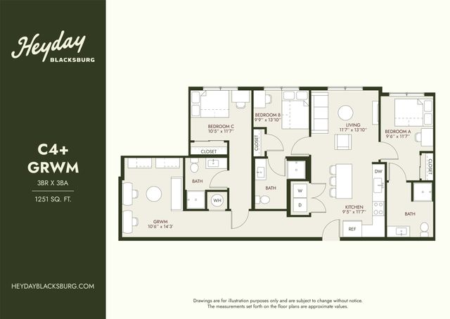 Heyday Blacksburg C4+ GRWM floor plan with 3 bedrooms, 3 bathrooms, and spacious living area. Featuring a modern kitchen and additional GRWM room in 1251 sq ft layout.