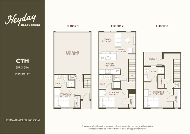 Charming three-floor townhouse floor plan featuring 3 bedrooms, 3 bathrooms, a spacious 2-car garage, and a cozy balcony in a 1333 sq. ft. layout.