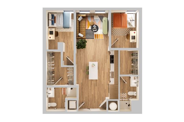 Modern 2-bedroom apartment floor plan with open kitchen, cozy living room, and stylish decor.