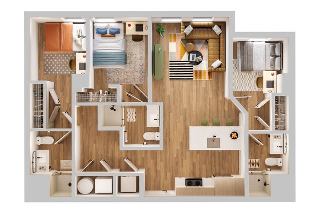 Modern 2D floor plan showcasing 3 bedrooms, an inviting open-concept living area, and a stylish kitchen island with seating.