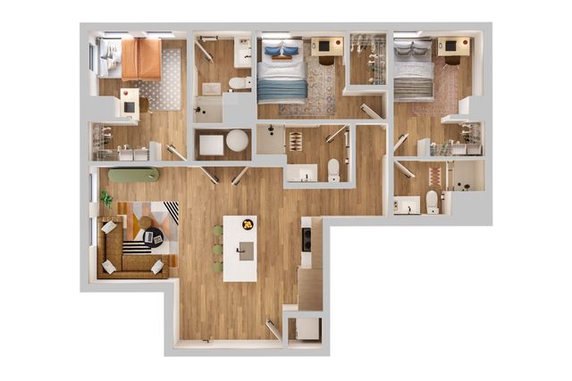 Elegant 3D floor plan showcasing 3 spacious bedrooms, a modern open-concept kitchen with island seating, and a cozy living area. Ideal for family living.