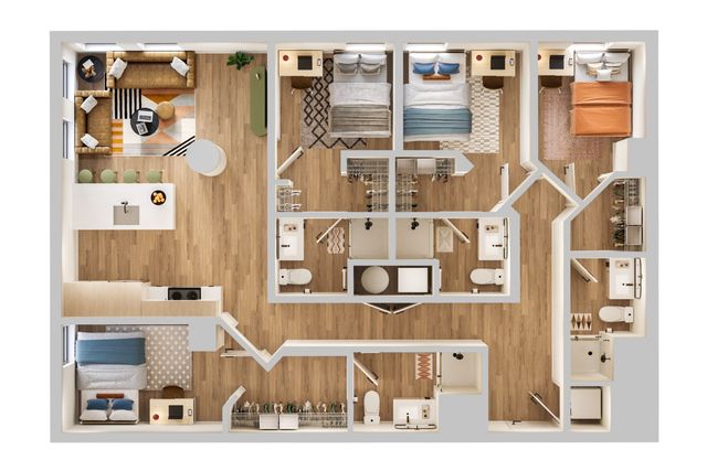 Modern 3-bedroom apartment floor plan featuring open-concept living area, sleek kitchen with island, and two elegant bathrooms.