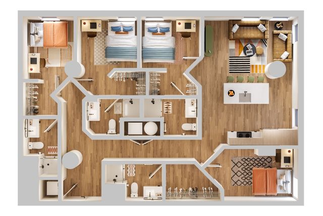 Modern apartment floor plan showcasing 3 bedrooms, open-concept living and kitchen area with island seating, and sleek hardwood flooring.