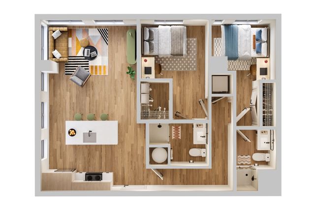 Modern and stylish 2D floor plan with two cozy bedrooms, an open-concept kitchen with island and seating, spacious living area with contemporary decor, and a well-appointed bathroom.