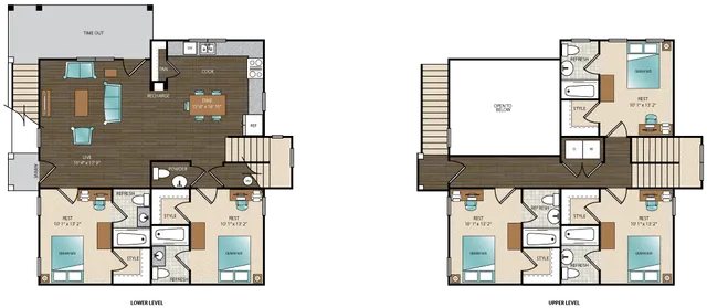 Two-story floor plan featuring 4 bedrooms, expansive living area, modern kitchen, and multiple bathrooms.
