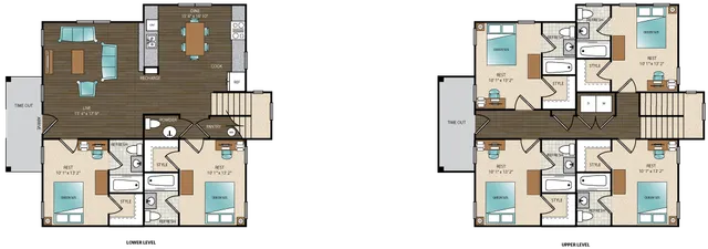 Floor plan of a modern duplex featuring multiple bedrooms, open living area, and ample bathrooms.