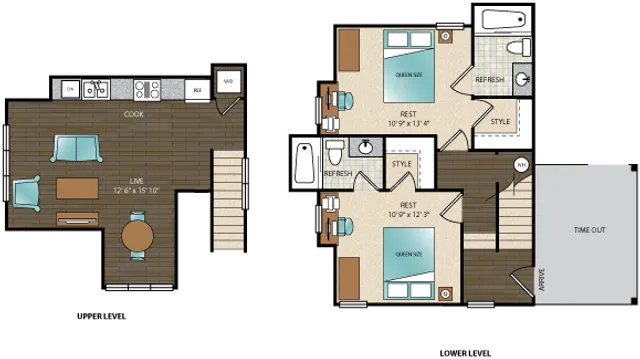 Detailed floor plan featuring 2 bedrooms, modern kitchen, and spacious living area.