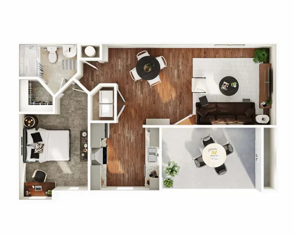Exquisite open-concept floor plan featuring a spacious bedroom, cozy living area, elegant dining space, and modern kitchen.